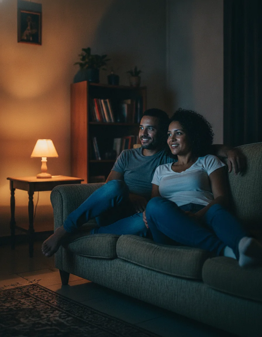 Casal assistindo TV no sofá à noite
